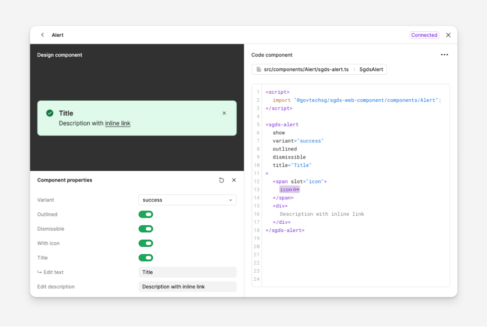 Figma Code Connect view showing an SGDS alert design component beside its linked code component