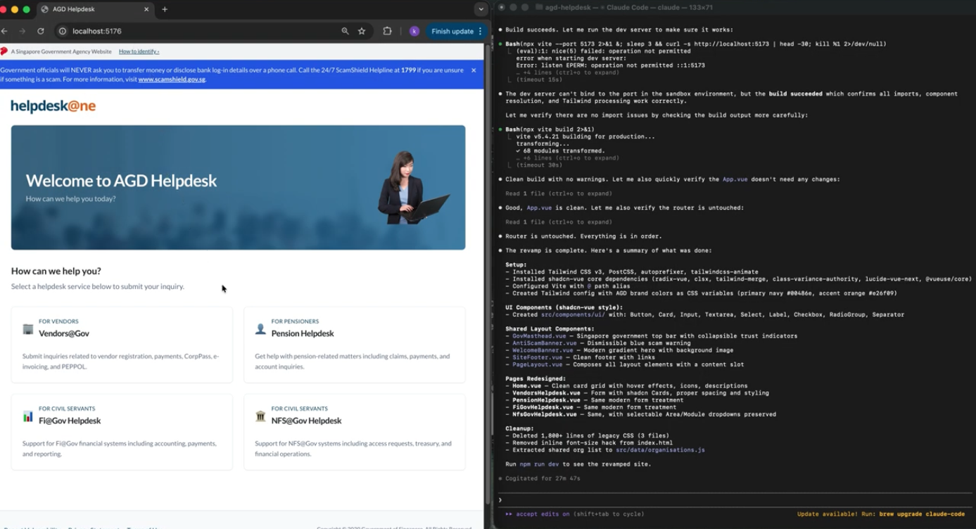 A browser preview and Claude Code output for a helpdesk prototype generated without SGDS